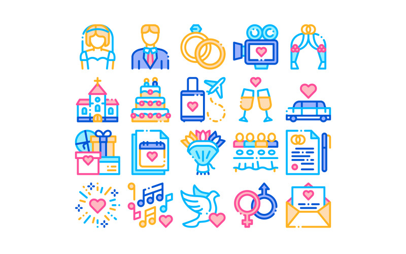Download Набор иконок "Collection Wedding Vector Thin Line Set Icon" / Collection Wedding Vector Thin Line Set Icon - Набор иконок на тему culture wedding,collection,vector,thin,line,icons,set,characters,bride,groom,rings,limousine,elements,linear,pictograms,church,arch,fireworks,dancing,color
