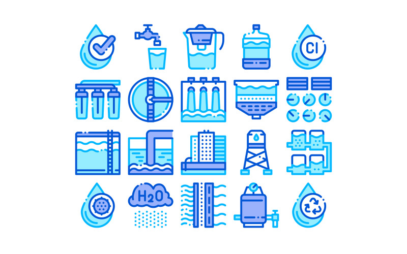 Icono de conjunto de línea fina de Vector de elementos de tratamiento de agua