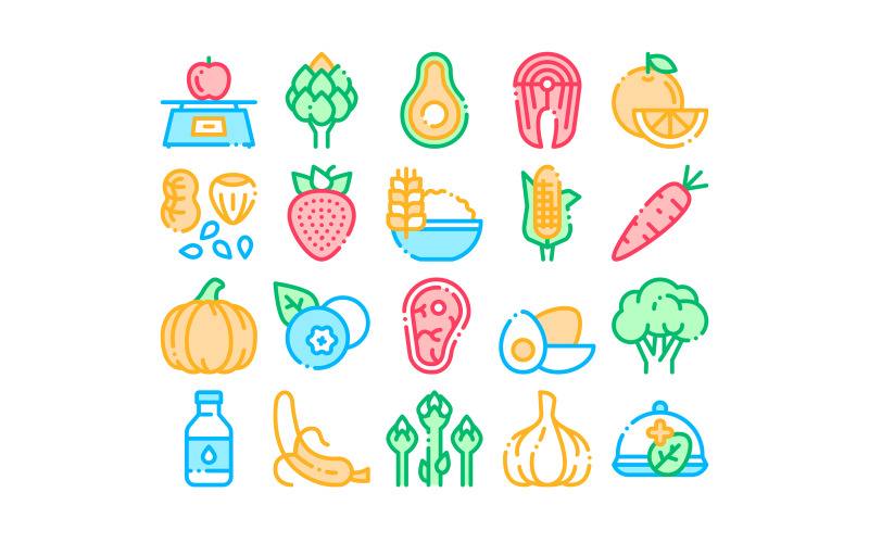Kolekcja zdrowej żywności wektor cienka linia zestaw ikon