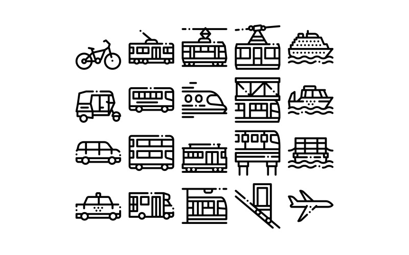 Sammlung öffentlicher Verkehrsmittel Vector Line Set Icon
