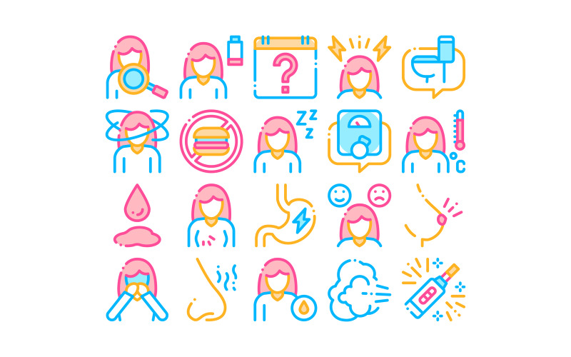 Download Набор иконок "Symptomps Of Pregnancy Element Vector Set Icon" / Symptomps Of Pregnancy Element Vector Set Icon - Набор иконок на тему food symptomps,pregnancy,element,vector,icons,set,fatigue,nausea,food,aversion,frequent,urination,constipation,faintness,pictograms,color,contour,illustrations,collection,linear