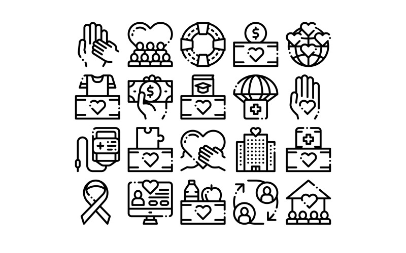 Download Набор иконок "Volunteers Support Vector Thin Line Set Icon" / Volunteers Support Vector Thin Line Set Icon - Набор иконок на тему финансы volunteering,charity,charitable,volunteer,donation,assistance,aid,heart,help,support,care,hand,sponsor,organization,social,nonprofit,crowdfunding,humanitarian,foundation,voluntary