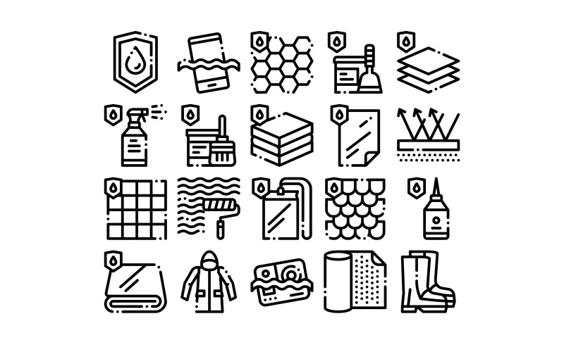 Download Набор иконок "Waterproof Materials Vector Thin Line Set Icon" / Waterproof Materials Vector Thin Line Set Icon - Набор иконок на тему industrial coating,drop,industrial,cloth,cover,waterproof,fabric,material,water,membrane,resistant,building,fiber,proof,properties,moisture,sealant,hydrophobic,boots,raincoat
