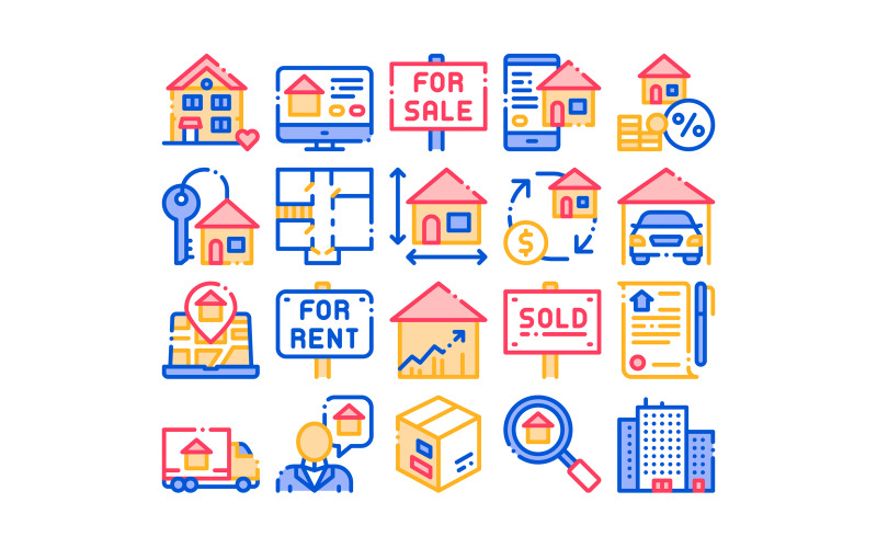 Здание Дом Продажа Вектор Тонкая Линия Установить Значок