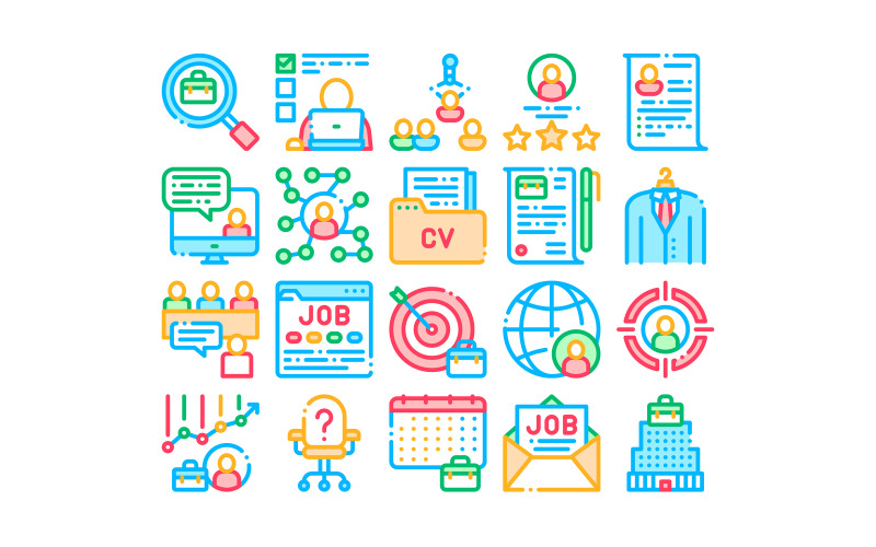 Download Набор иконок "Job Hunting Collection Elements Vector Set Iconset" / Job Hunting Collection Elements Vector Set Iconset - Набор иконок на тему people job,hunting,collection,elements,vector,icons,set,thin,line,business,people,recruitment,candidate,team,work,partnership,concept,linear,pictograms,color