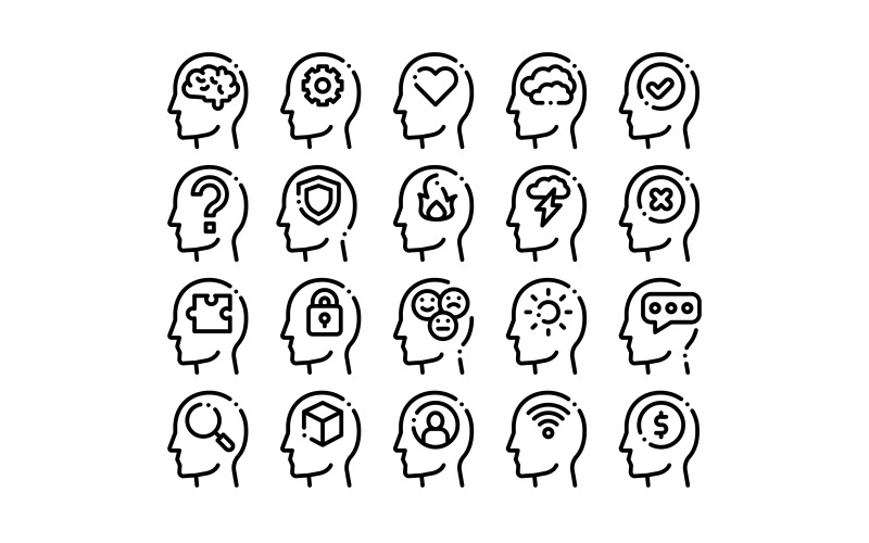 Download Набор иконок "Mind Collection Elements Signs Vector Set Iconset" / Mind Collection Elements Signs Vector Set Iconset - Набор иконок на тему science mind,collection,elements,signs,vector,icons,set,thin,line,gear,heart,shield,padlock,brain,coin,marks,man,head,silhouette,concept