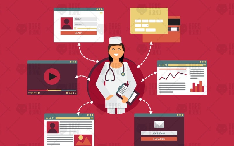 Download Фирменный стиль "Online Medicine Concept - Corporate Identity Template" / Online Medicine Concept - Corporate Identity Template - Фирменный стиль на тему графика card,template,web,vector,website,mockup,app,business,shop,technology,form,software,video,social,search,doctor,medicine,newsletter,mail,consulting,interface,network,frame,people,element,analyt