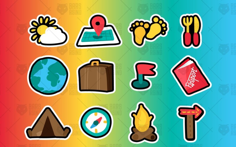 Download Фирменный стиль "Travel And Camping Stickers Set - Corporate Identity Template" / Travel And Camping Stickers Set - Corporate Identity Template - Фирменный стиль на тему графика fun,badges,illustration,label,design,sign,cute,food,fashion,summer,vector,collection,beach,sun,holiday,travel,globe,badge,yellow,map,green,blue,earth,planet,decoration,cloud,red,vacation,grap