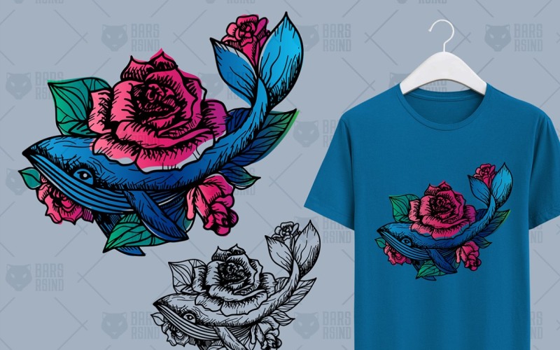Download Иллюстрация "Hand Drawn Whale In Roses - Illustration" / Hand Drawn Whale In Roses - Illustration - Иллюстрация на тему графика vector,illustration,whale,rose,flower,bud,floral,flourish,burgeon,nature,natural,abstract,petal,leaf,leafage,sea,ocean,marine,mammal,blossom