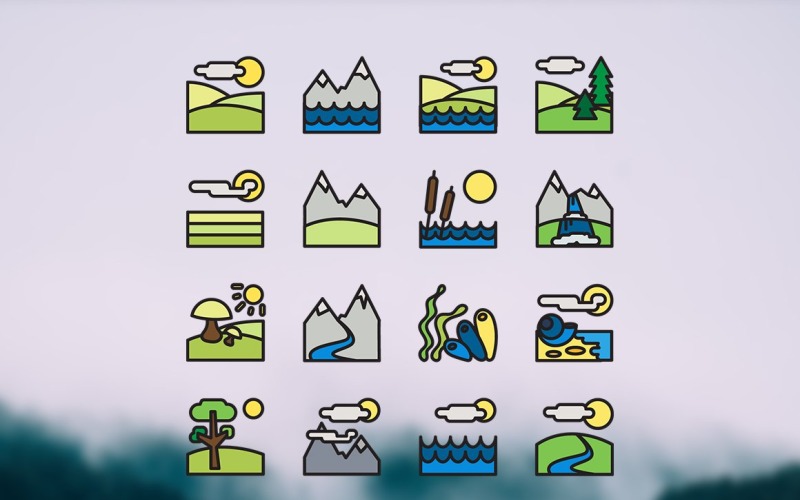 Download Набор иконок "96 Landscape Icon Set" / 96 Landscape Icon Set - Набор иконок на тему nature icon,hill,land,river,mountain,vector,water,sun,symbol,grass,sea,journey,sand,outdoor,tree,park,forest,eco,travel,ecology