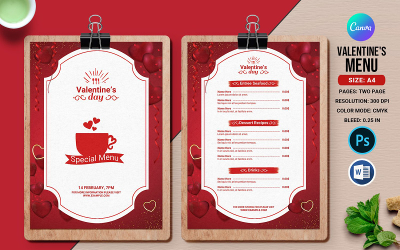 Modèle de flyer pour menu de fête de la Saint-Valentin. Personnalisable et imprimable