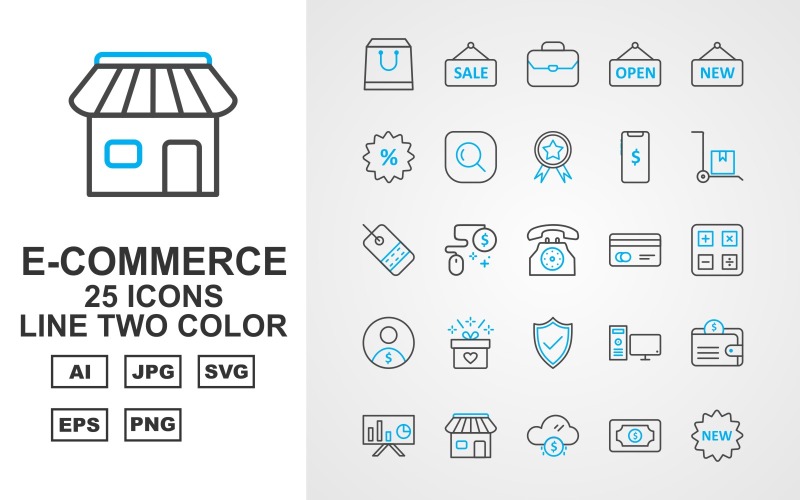 Download Набор иконок "25 Premium E-Commerce Line Two Color Pack Icon Set" / 25 Premium E-Commerce Line Two Color Pack Icon Set - Набор иконок на тему computer bag,briefcase,trolley,label,telephone,credit card,calculate,user,gift,mouse,shield,computer,wallet,presentation,shop,cloud,dollar,sale,open tag,new