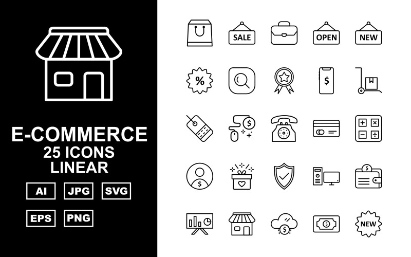 Download Набор иконок "25 Premium E-Commerce Linear Pack Icon Set" / 25 Premium E-Commerce Linear Pack Icon Set - Набор иконок на тему computer bag,briefcase,trolley,label,telephone,credit card,calculate,user,gift,mouse,shield,computer,wallet,presentation,shop,cloud,dollar,sale,open tag,new