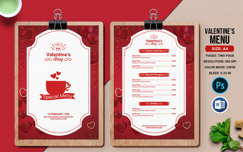 Download Фирменный стиль "Valentine Party Menu Flyer - Corporate Identity Template" / Valentine Party Menu Flyer - Corporate Identity Template - Фирменный стиль на тему графика valentine,menu,flyer,template,party,food menu,restaurant,bar,word,psd,design,fast food,multipurpose,a4