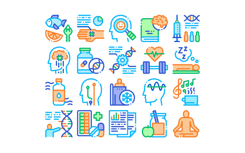 Download Набор иконок "Biohacking Collection Elements Set Vector Icon" / Biohacking Collection Elements Set Vector Icon - Набор иконок на тему science biohacking,collection,elements,icons,set,vector,thin,line,meditation,brain,dna,helix,genetic,drugs,concept,linear,pictograms,contour,illustrations,signs
