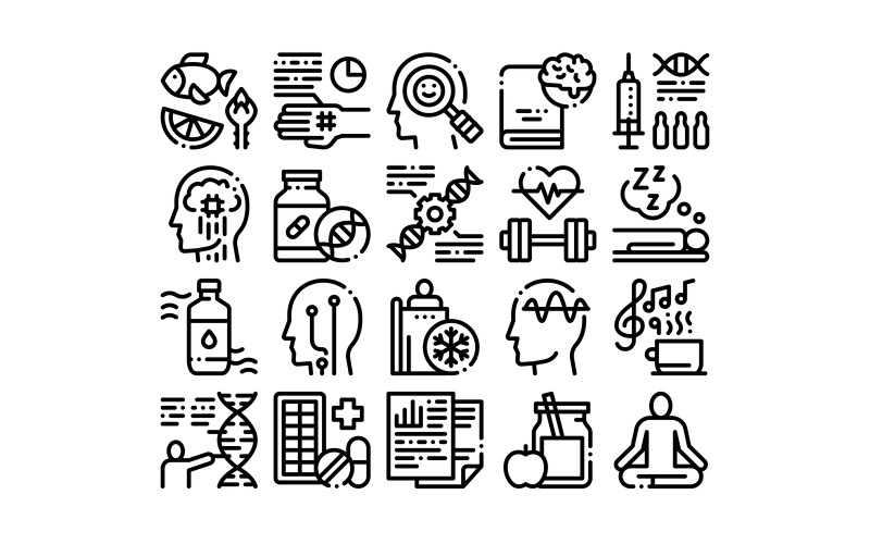 Download Набор иконок "Biohacking Collection Elements Set Vector Icon" / Biohacking Collection Elements Set Vector Icon - Набор иконок на тему science biohacking,collection,elements,icons,set,vector,thin,line,meditation,brain,dna,helix,genetic,drugs,concept,linear,pictograms,monochrome,contour,illustrations