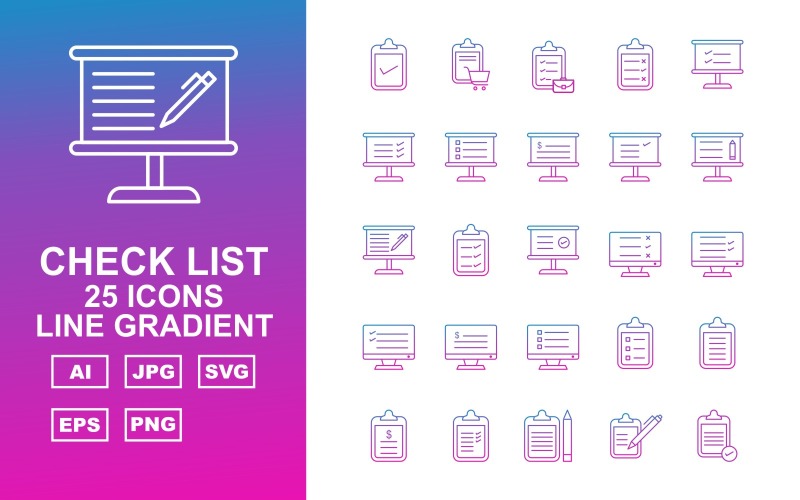 25 Ensemble d'icônes de dégradé de ligne Premium Check List