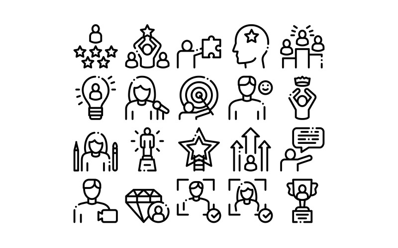Download Набор иконок "Human Talent Collection Elements Set Vector Icon" / Human Talent Collection Elements Set Vector Icon - Набор иконок на тему people human,talent,collection,elements,icons,set,vector,thin,line,idea,target,diamond,star,signer,speaker,actor,concept,linear,pictograms,monochrome