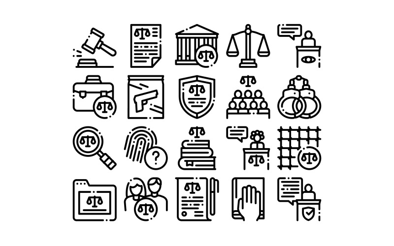 Download Набор иконок "Law And Judgement Collection Set Vector Icon" / Law And Judgement Collection Set Vector Icon - Набор иконок на тему military law,judgement,collection,icons,set,vector,thin,line,courthouse,judge,gun,magnifier,fingerprint,suitcase,document,concept,linear,pictograms,monochrome,contour