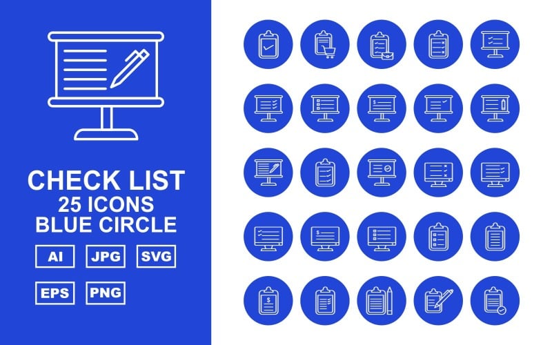 25 Lista de verificación Premium Conjunto de iconos de círculo azul