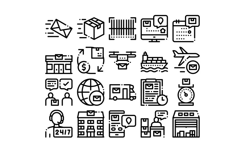 Download Набор иконок "Postal Transportation Company Set Vector Icon" / Postal Transportation Company Set Vector Icon - Набор иконок на тему transport postal,transportation,company,icons,set,vector,thin,line,hotline,support,post,building,ship,airplane,drone,delivery,truck,concept,linear,pictograms