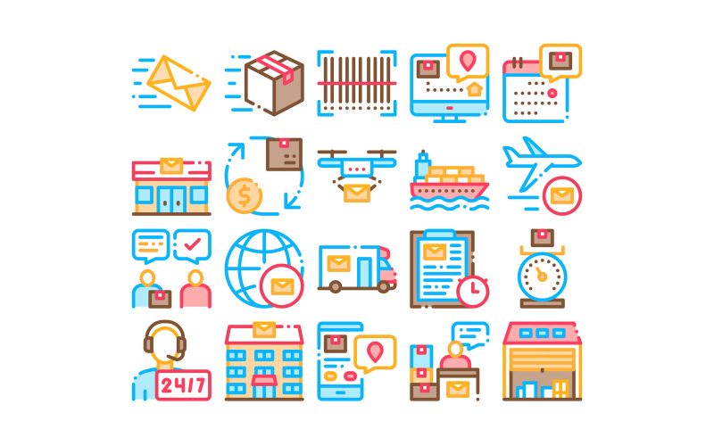Download Набор иконок "Postal Transportation Company Set Vector Icon" / Postal Transportation Company Set Vector Icon - Набор иконок на тему transport postal,transportation,company,icons,set,vector,thin,line,hotline,support,post,building,ship,airplane,drone,delivery,truck,concept,linear,pictograms