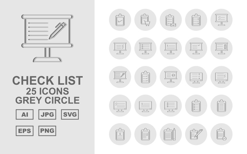 25 Premium checklista Grå cirkel ikonuppsättning