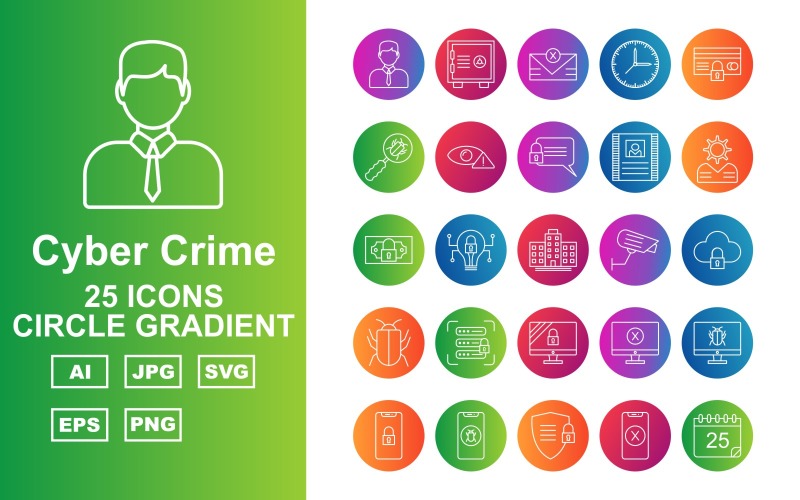 Download Набор иконок "25 Premium Cyber Crime Circle Gradient Icon Set" / 25 Premium Cyber Crime Circle Gradient Icon Set - Набор иконок на тему business hacker,crime,attack,cyber clock,atm security,business,alert,letter,contract,brain,dollar potect,cyber bulb,building,camera,server protect,antivirus,shield,lcd protect,stop,infection