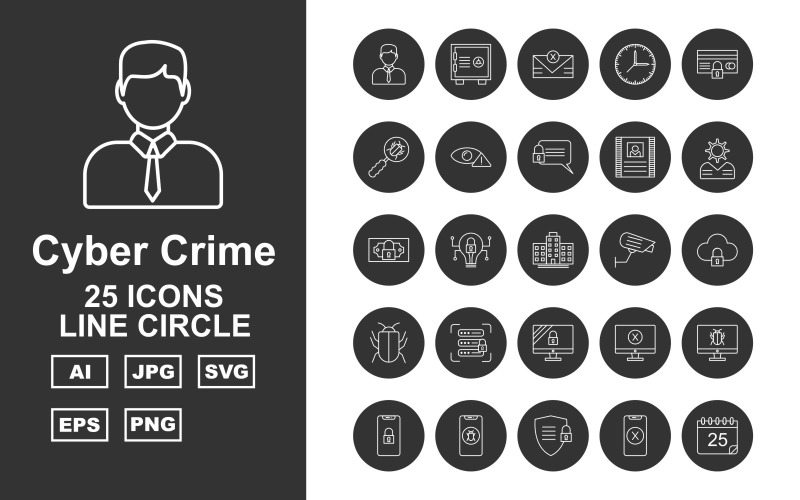 Download Набор иконок "25 Premium Cyber Crime Line Circle Icon Set" / 25 Premium Cyber Crime Line Circle Icon Set - Набор иконок на тему business hacker,crime,attack,cyber clock,atm security,business,alert,letter,contract,brain,dollar potect,cyber bulb,building,camera,server protect,antivirus,shield,lcd protect,stop,infection