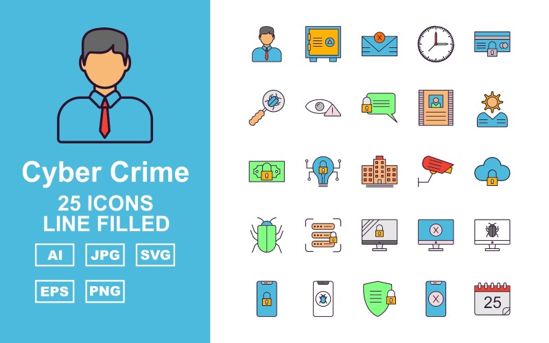 Download Набор иконок "25 Premium Cyber Crime Line Filled Icon Set" / 25 Premium Cyber Crime Line Filled Icon Set - Набор иконок на тему business hacker,crime,attack,cyber clock,atm security,business,alert,letter,contract,brain,dollar potect,cyber bulb,building,camera,server protect,antivirus,shield,lcd protect,stop,infection