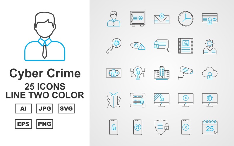 Download Набор иконок "25 Premium Cyber Crime Line Two Color Icon Set" / 25 Premium Cyber Crime Line Two Color Icon Set - Набор иконок на тему business hacker,crime,attack,cyber clock,atm security,business,alert,letter,contract,brain,dollar potect,cyber bulb,building,camera,server protect,antivirus,shield,lcd protect,stop,infection