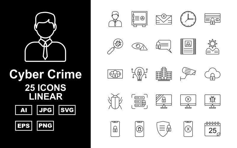 Download Набор иконок "25 Premium Cyber Crime Linear Icon Set" / 25 Premium Cyber Crime Linear Icon Set - Набор иконок на тему business hacker,crime,attack,cyber clock,atm security,business,alert,letter,contract,brain,dollar potect,cyber bulb,building,camera,server protect,antivirus,shield,lcd protect,stop,infection