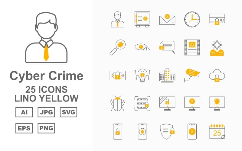 Download Набор иконок "25 Premium Cyber Crime Lino Yellow Icon Set" / 25 Premium Cyber Crime Lino Yellow Icon Set - Набор иконок на тему business hacker,crime,attack,cyber clock,atm security,business,alert,letter,contract,brain,dollar potect,cyber bulb,building,camera,server protect,antivirus,shield,lcd protect,stop,infection