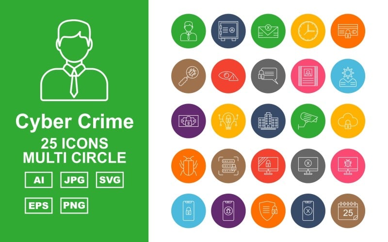 Download Набор иконок "25 Premium Cyber Crime Multi Circle Icon Set" / 25 Premium Cyber Crime Multi Circle Icon Set - Набор иконок на тему business hacker,crime,attack,cyber clock,atm security,business,alert,letter,contract,brain,dollar potect,cyber bulb,building,camera,server protect,antivirus,shield,lcd protect,stop,infection