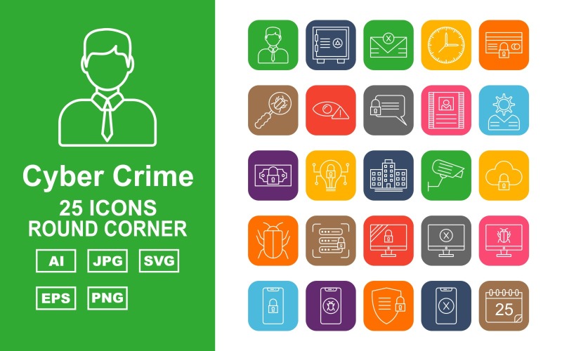 Download Набор иконок "25 Premium Cyber Crime Round Corner Icon Set" / 25 Premium Cyber Crime Round Corner Icon Set - Набор иконок на тему business hacker,crime,attack,cyber clock,atm security,business,alert,letter,contract,brain,dollar potect,cyber bulb,building,camera,server protect,antivirus,shield,lcd protect,stop,infection