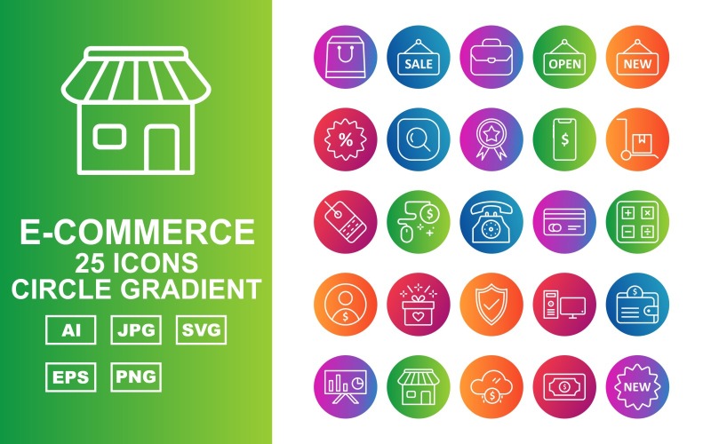 Download Набор иконок "25 Premium E-Commerce Circle Gradient Pack Icon Set" / 25 Premium E-Commerce Circle Gradient Pack Icon Set - Набор иконок на тему computer bag,briefcase,trolley,label,telephone,credit card,calculate,user,gift,mouse,shield,computer,wallet,presentation,shop,cloud,dollar,sale,open tag,new