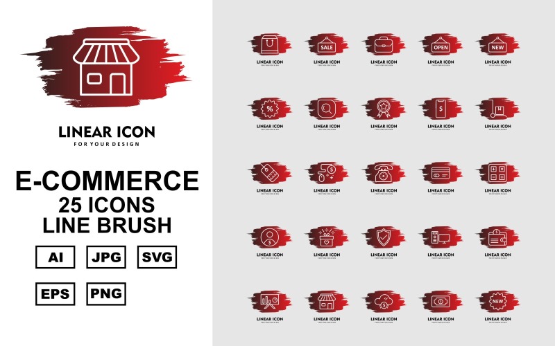 Download Набор иконок "25 Premium E-Commerce Line Brush Pack Icon Set" / 25 Premium E-Commerce Line Brush Pack Icon Set - Набор иконок на тему computer bag,briefcase,trolley,label,telephone,credit card,calculate,user,gift,mouse,shield,computer,wallet,presentation,shop,cloud,dollar,sale,open tag,new