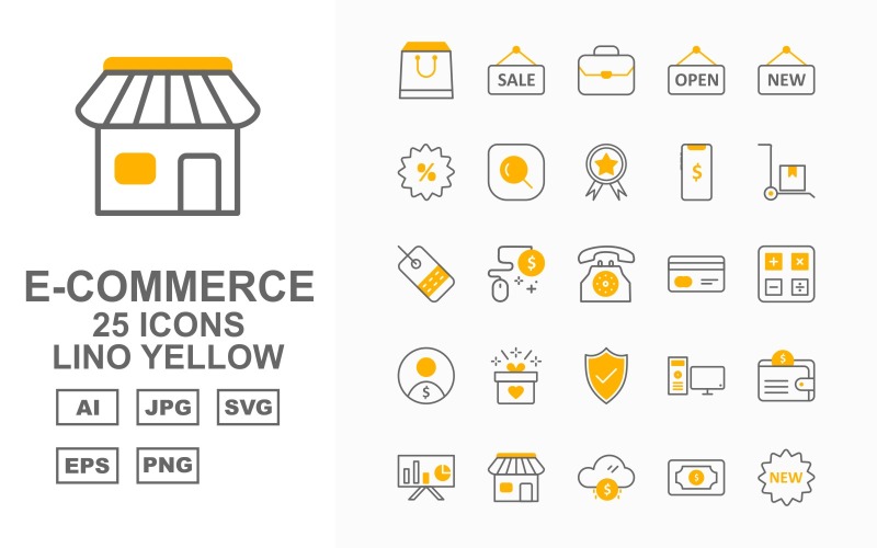 Download Набор иконок "25 Premium E-Commerce Lino Yellow Pack Icon Set" / 25 Premium E-Commerce Lino Yellow Pack Icon Set - Набор иконок на тему computer bag,briefcase,trolley,label,telephone,credit card,calculate,user,gift,mouse,shield,computer,wallet,presentation,shop,cloud,dollar,sale,open tag,new