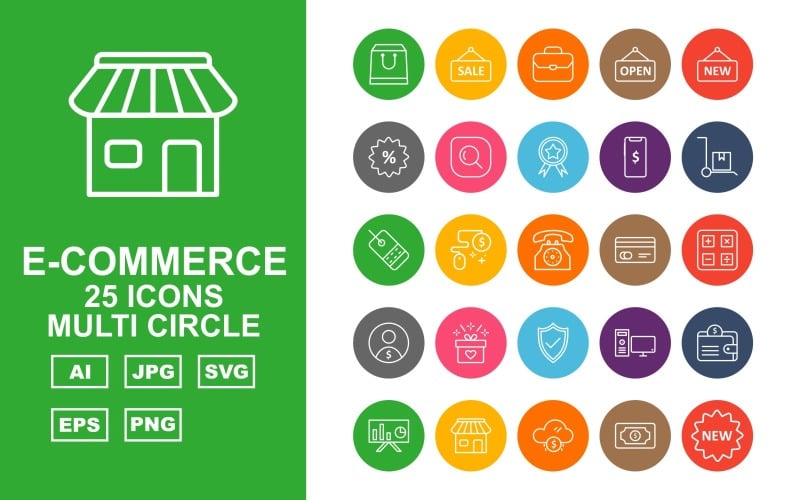 Download Набор иконок "25 Premium E-Commerce Multi Circle Pack Icon Set" / 25 Premium E-Commerce Multi Circle Pack Icon Set - Набор иконок на тему computer bag,briefcase,trolley,label,telephone,credit card,calculate,user,gift,mouse,shield,computer,wallet,presentation,shop,cloud,dollar,sale,open tag,new