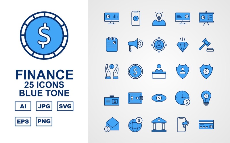 Download Набор иконок "25 Premium Finance Blue Tone Pack Icon Set" / 25 Premium Finance Blue Tone Pack Icon Set - Набор иконок на тему финансы analysis,coin,bank,atm card,bag,team,tie,dollar icon,target,mobile dollar,idea,lcd dollar,presentation,notepad,loud speaker,men target,diamond,gavel,save dollar,reception