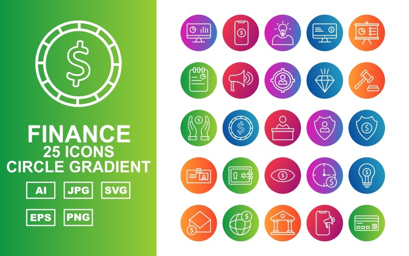 Download Набор иконок "25 Premium Finance Circle Gradient Icon Set" / 25 Premium Finance Circle Gradient Icon Set - Набор иконок на тему финансы analysis,coin,bank,atm card,bag,team,tie,dollar icon,target,mobile dollar,idea,lcd dollar,presentation,notepad,loud speaker,men target,diamond,gavel,save dollar,reception