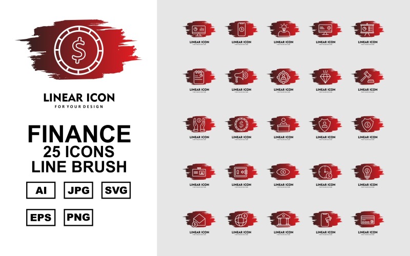 Download Набор иконок "25 Premium Finance Line Brush Icon Set" / 25 Premium Finance Line Brush Icon Set - Набор иконок на тему финансы analysis,coin,bank,atm card,bag,team,tie,dollar icon,target,mobile dollar,idea,lcd dollar,presentation,notepad,loud speaker,men target,diamond,gavel,save dollar,reception
