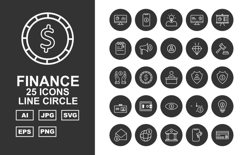 Download Набор иконок "25 Premium Finance Line Circle Icon Set" / 25 Premium Finance Line Circle Icon Set - Набор иконок на тему финансы analysis,coin,bank,atm card,bag,team,tie,dollar icon,target,mobile dollar,idea,lcd dollar,presentation,notepad,loud speaker,men target,diamond,gavel,save dollar,reception