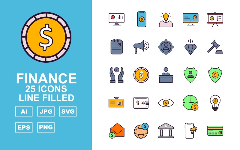 Download Набор иконок "25 Premium Finance Line Filled Pack Icon Set" / 25 Premium Finance Line Filled Pack Icon Set - Набор иконок на тему финансы analysis,coin,bank,atm card,bag,team,tie,dollar icon,target,mobile dollar,idea,lcd dollar,presentation,notepad,loud speaker,men target,diamond,gavel,save dollar,reception