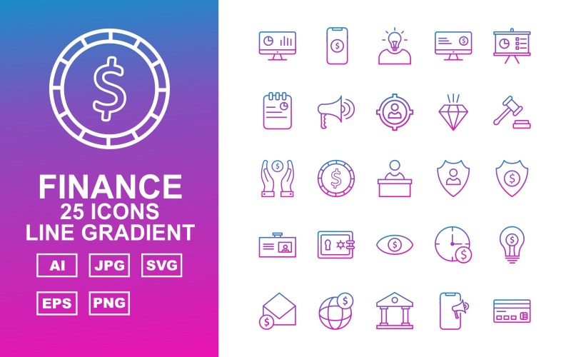Download Набор иконок "25 Premium Finance Line Gradient Pack Icon Set" / 25 Premium Finance Line Gradient Pack Icon Set - Набор иконок на тему финансы analysis,coin,bank,atm card,bag,team,tie,dollar icon,target,mobile dollar,idea,lcd dollar,presentation,notepad,loud speaker,men target,diamond,gavel,save dollar,reception