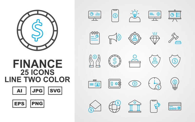 Download Набор иконок "25 Premium Finance Line Two Color Pack Icon Set" / 25 Premium Finance Line Two Color Pack Icon Set - Набор иконок на тему финансы analysis,coin,bank,atm card,bag,team,tie,dollar icon,target,mobile dollar,idea,lcd dollar,presentation,notepad,loud speaker,men target,diamond,gavel,save dollar,reception