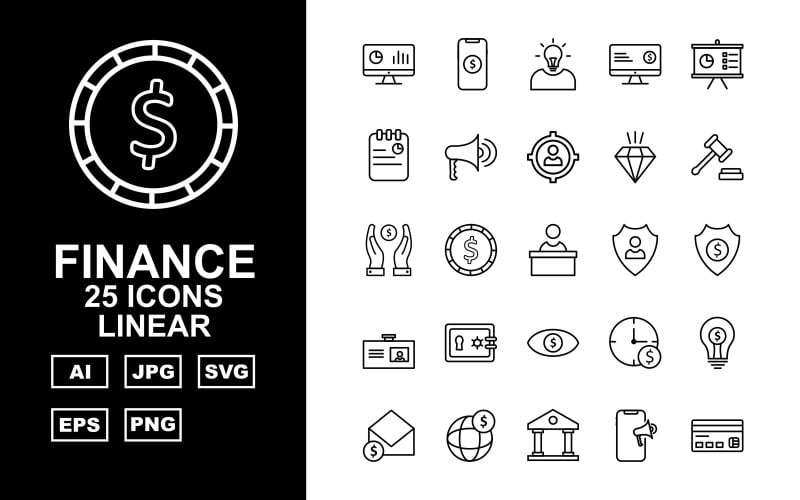 Download Набор иконок "25 Premium Finance Linear Pack Icon Set" / 25 Premium Finance Linear Pack Icon Set - Набор иконок на тему финансы analysis,coin,bank,atm card,bag,team,tie,dollar icon,target,mobile dollar,idea,lcd dollar,presentation,notepad,loud speaker,men target,diamond,gavel,save dollar,reception
