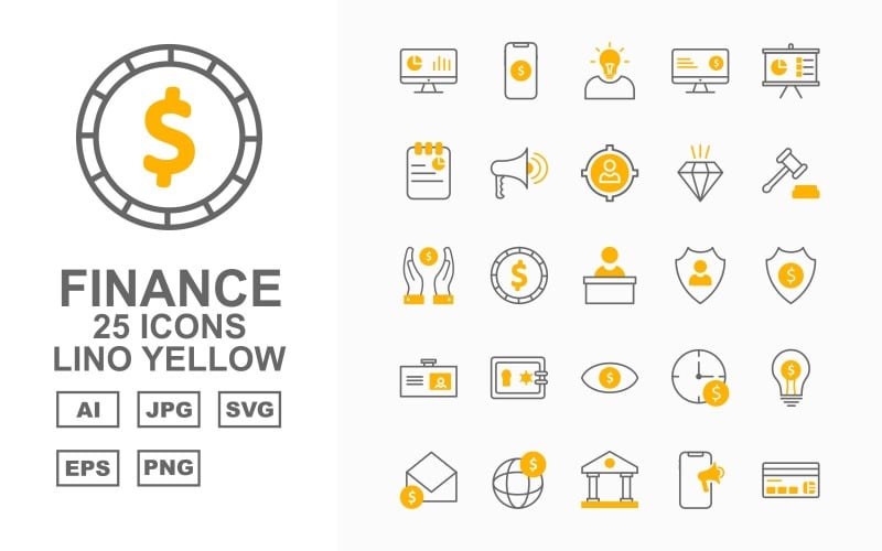 Download Набор иконок "25 Premium Finance Lino Yellow Icon Set" / 25 Premium Finance Lino Yellow Icon Set - Набор иконок на тему финансы analysis,coin,bank,atm card,bag,team,tie,dollar icon,target,mobile dollar,idea,lcd dollar,presentation,notepad,loud speaker,men target,diamond,gavel,save dollar,reception