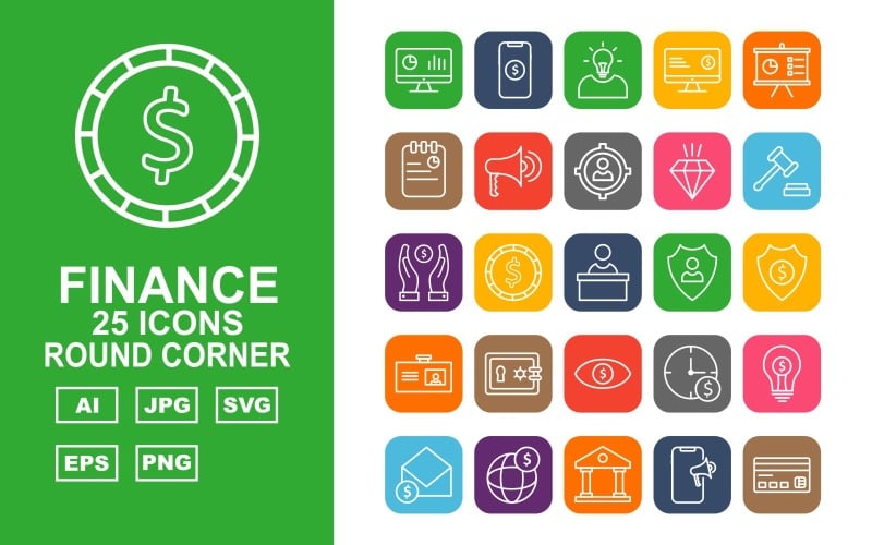 25 Premium Finance Round Corner Icon Set