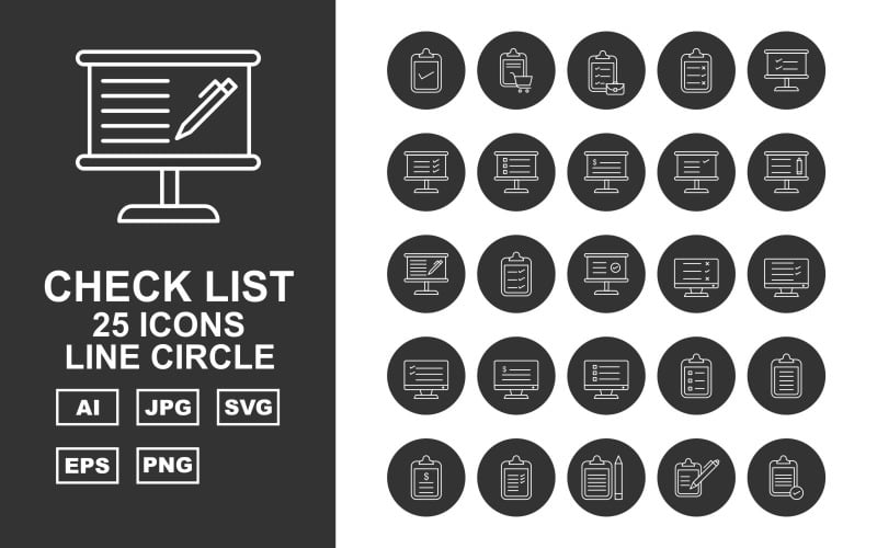 25 Premium Kontrol Listesi Satırı Daire Simge Seti